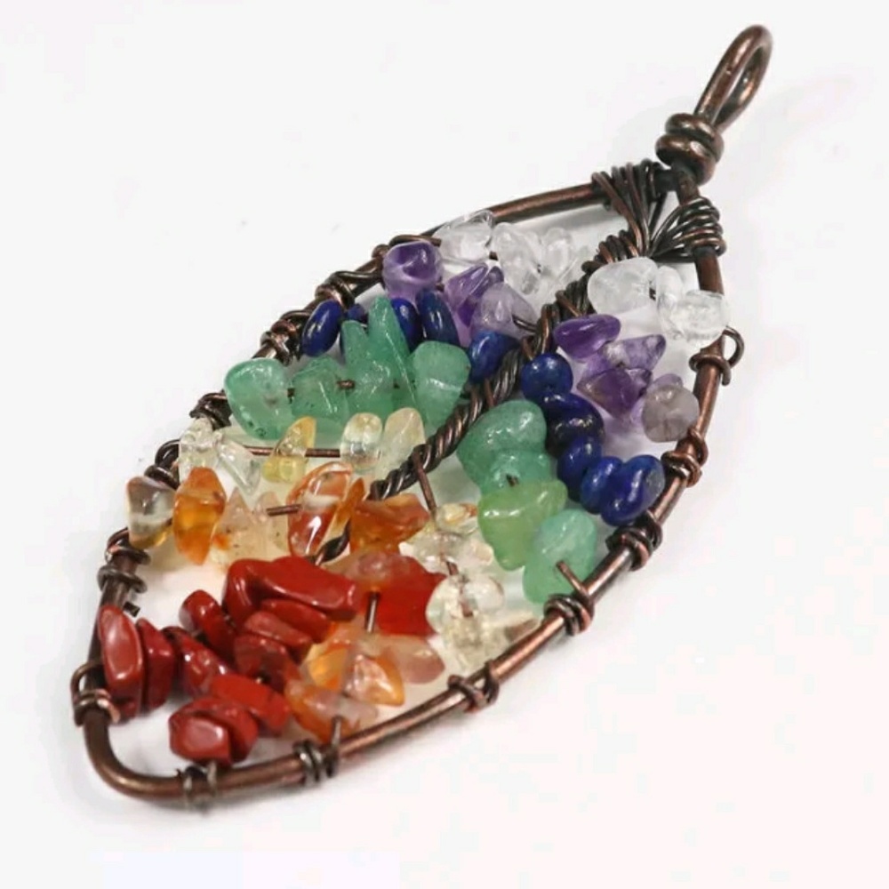 Leaf / feather bronze wrap chakra pendant